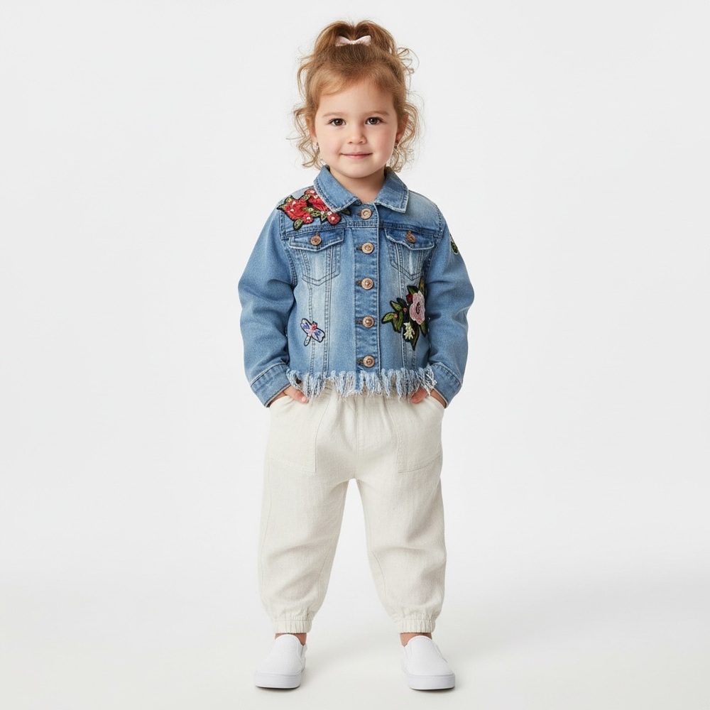 Hannah Banana girls' blue denim jacket with floral embroidery and a frayed hem